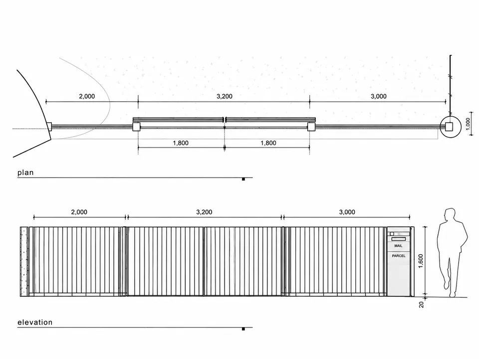 Plan and elevation shop drawing of an 8.2 metre gate and fence frontage with a mail and parcel letterbox pillar